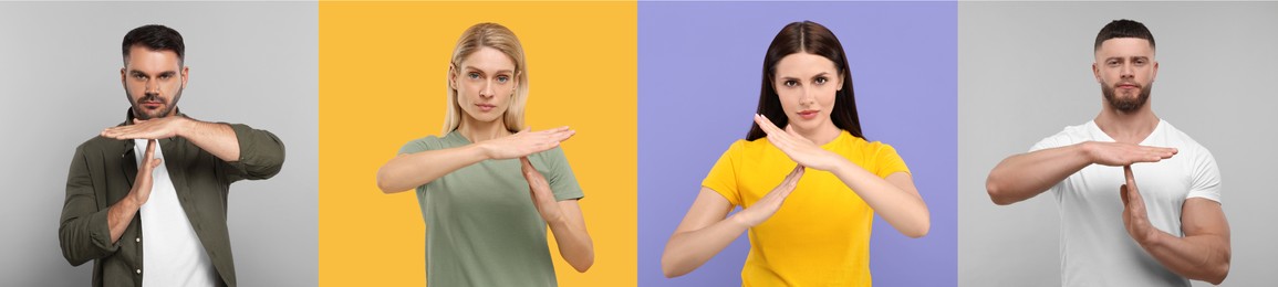 People showing time out gesture on different color backgrounds. Collage with photos