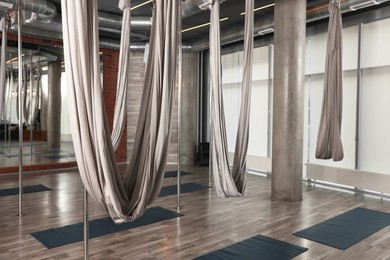 Many hammocks for fly yoga in studio