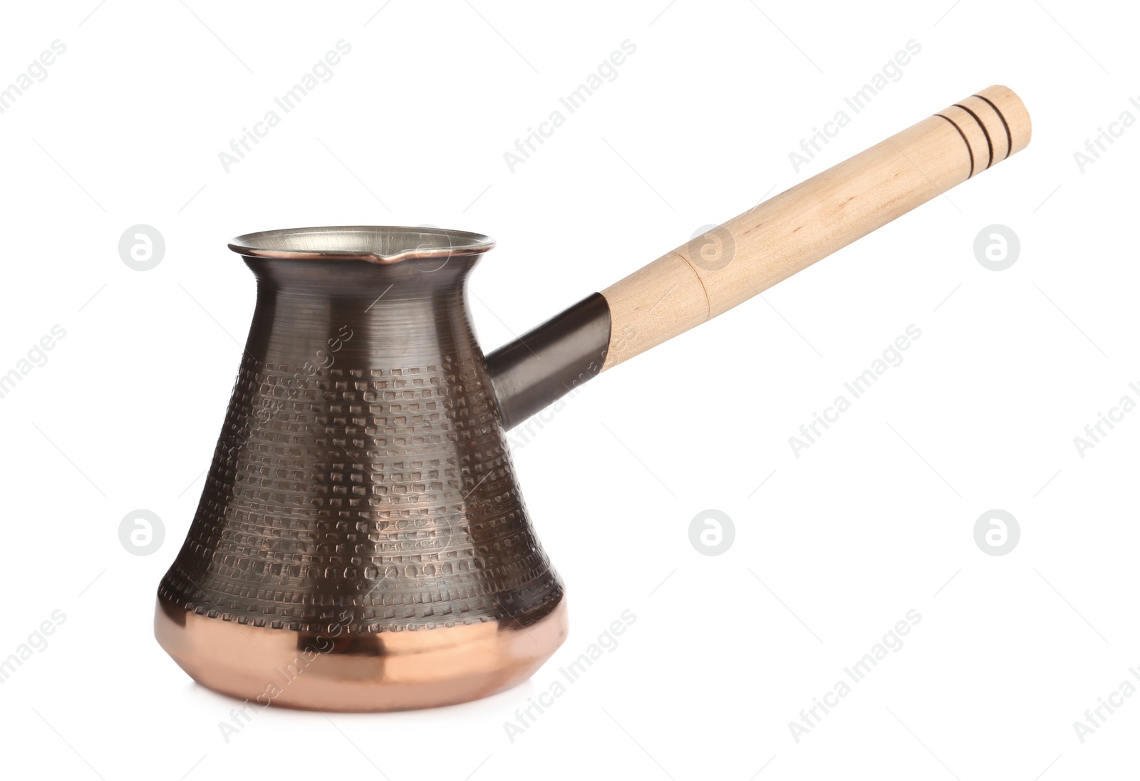 Photo of Beautiful copper turkish coffee pot with wooden handle isolated on white