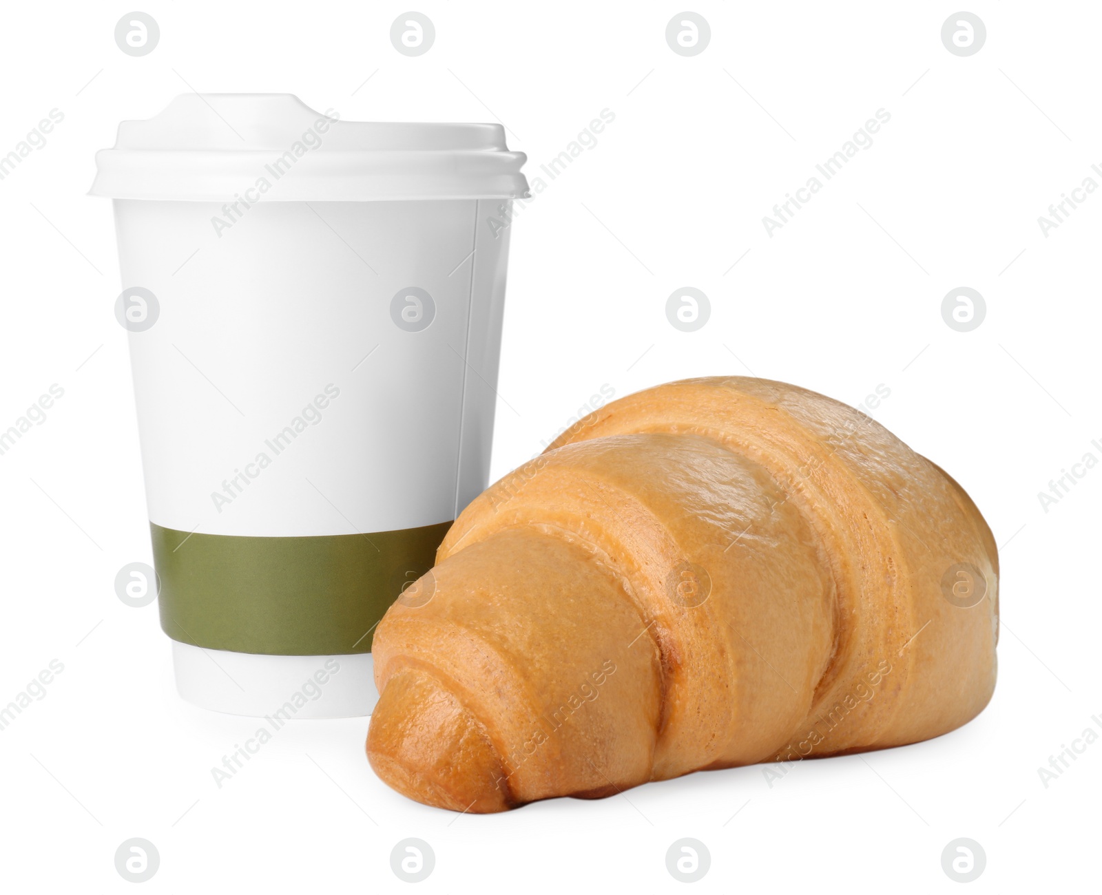 Photo of Delicious fresh croissant and paper cup with coffee isolated on white