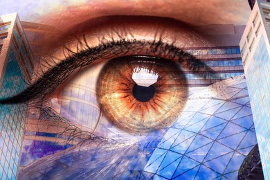 Image of Double exposure of modern buildings and woman with beautiful eye, closeup