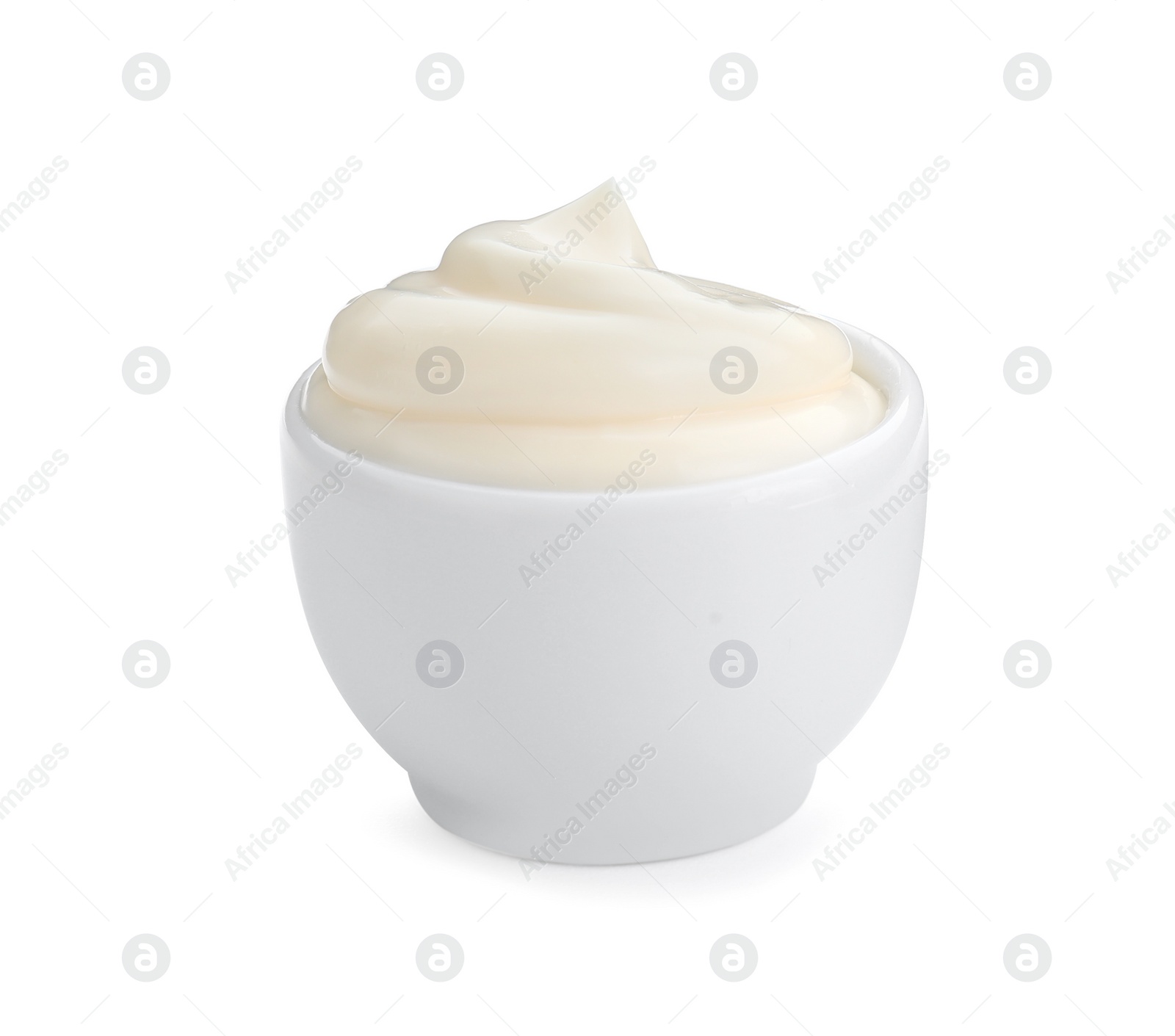 Photo of Tasty fresh mayonnaise sauce isolated on white