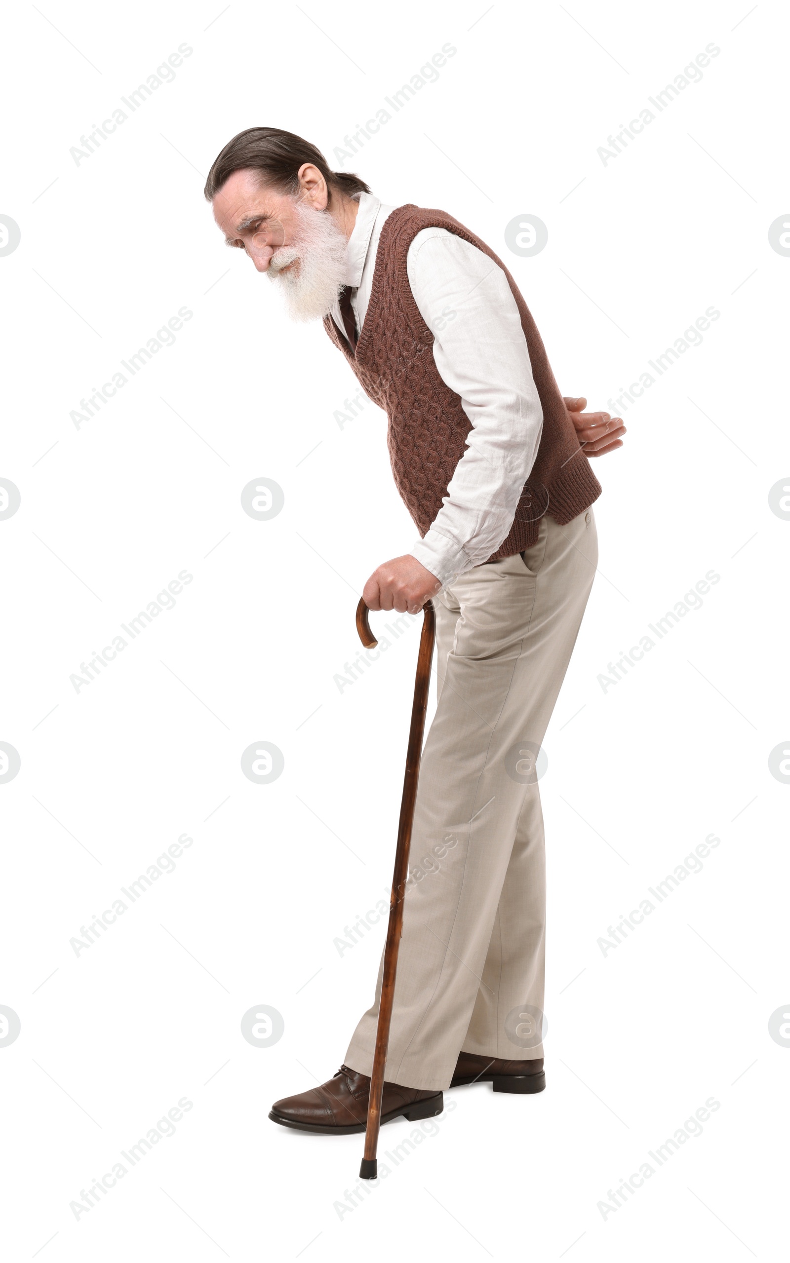 Photo of Senior man with walking cane on white background