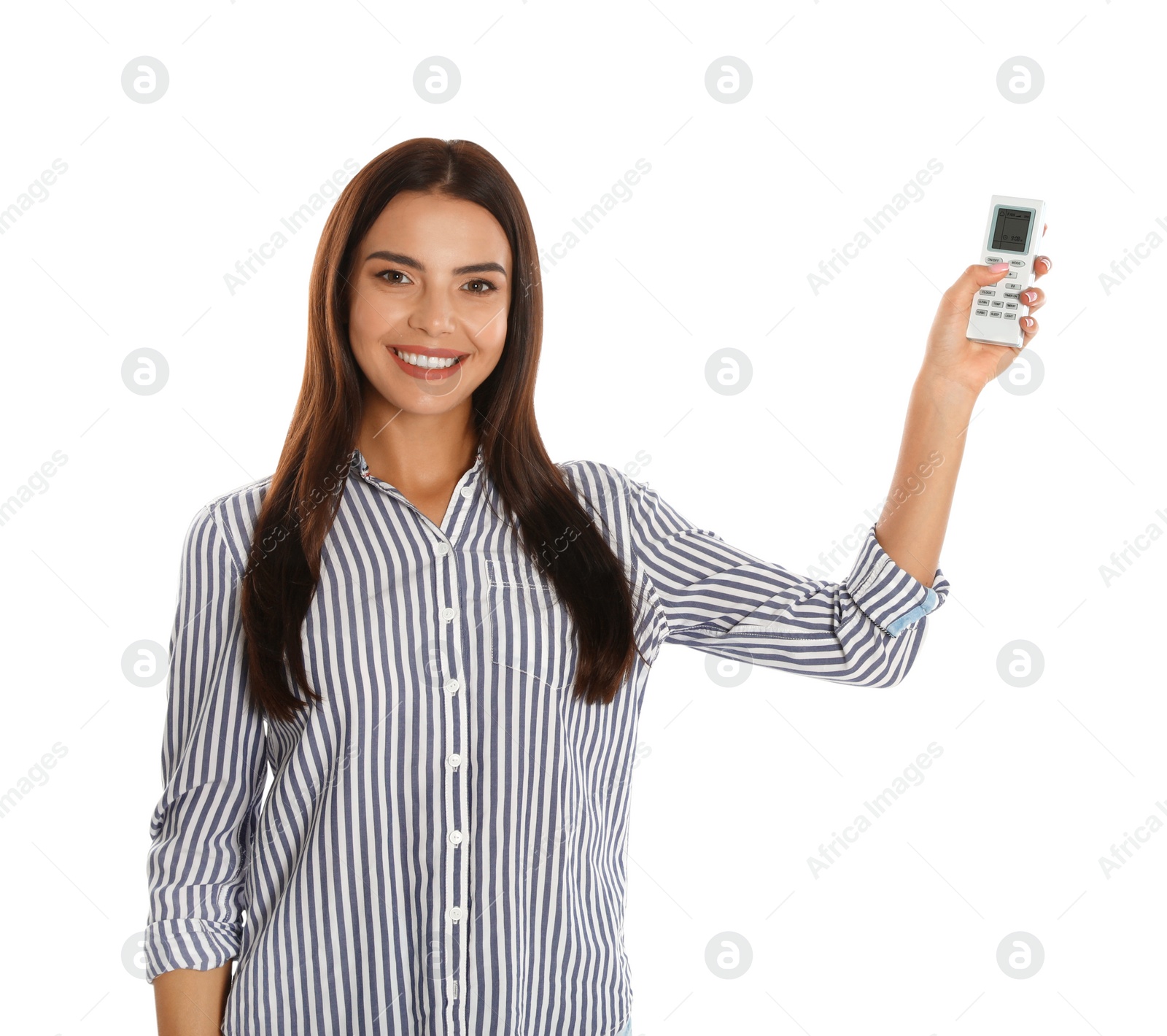 Photo of Young woman with air conditioner remote on white background