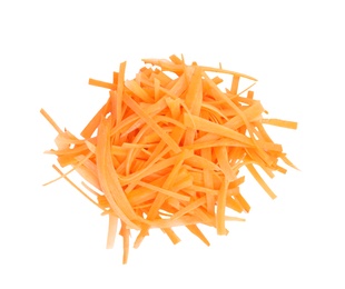 Photo of Grated fresh ripe carrot on white background, top view