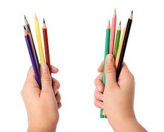 Photo of Woman holding bunch of color pencils on white background, closeup
