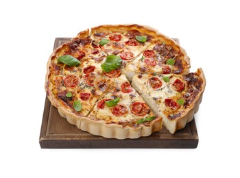 Photo of Cut delicious homemade quiche with prosciutto, tomatoes and basil isolated on white