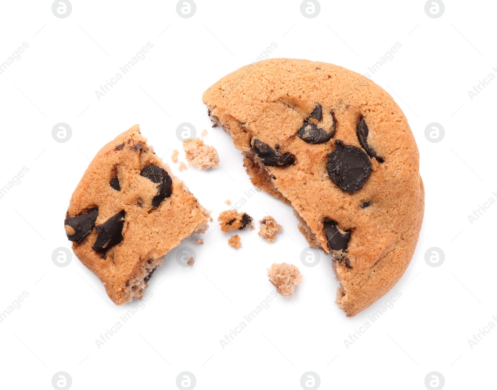 Photo of Pieces of delicious chocolate chip cookie isolated on white, top view