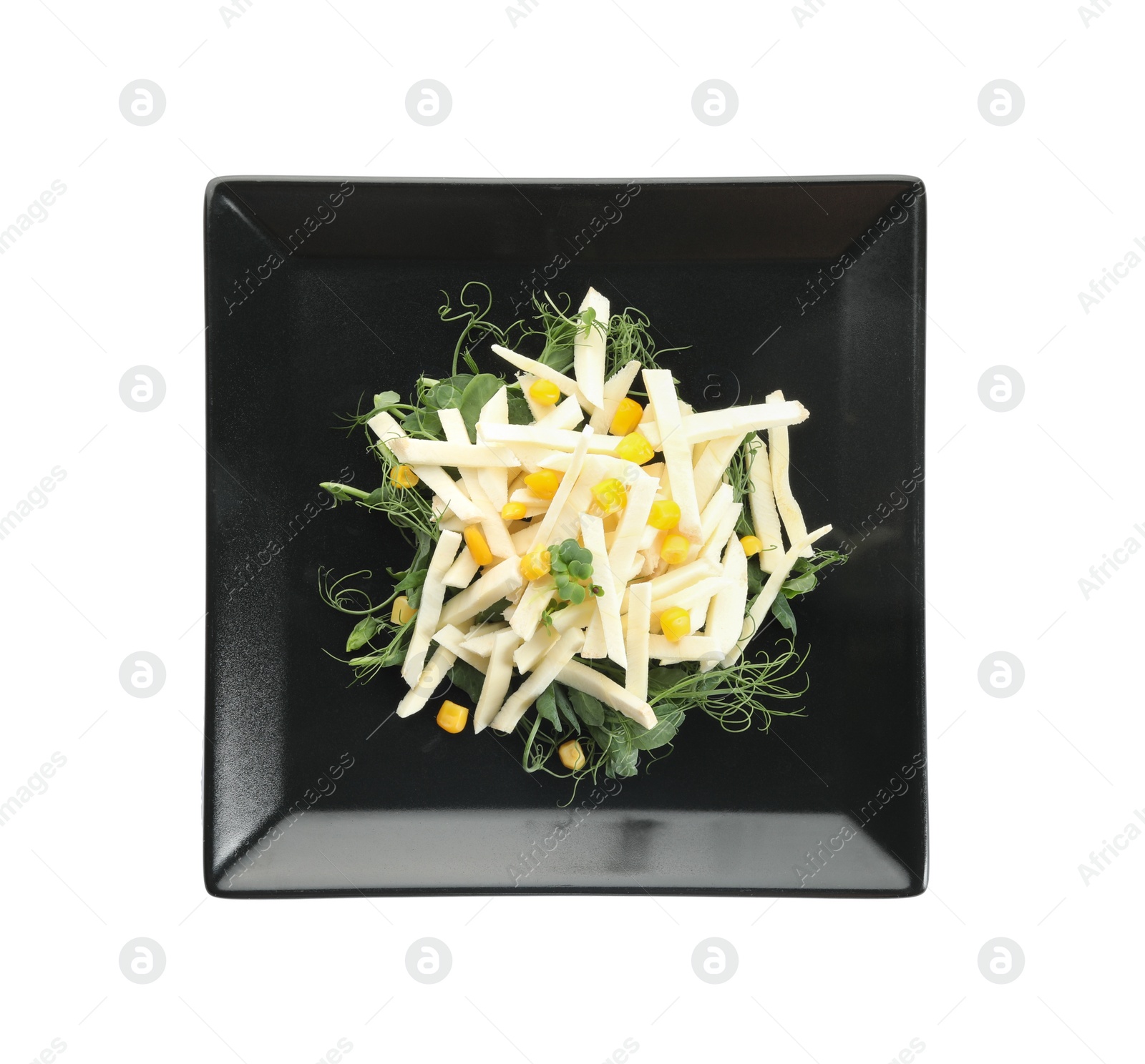 Photo of Delicious carrot salad with corn isolated on white, top view