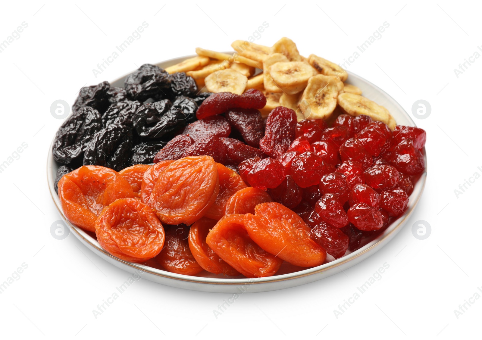 Photo of Different delicious dried fruits isolated on white