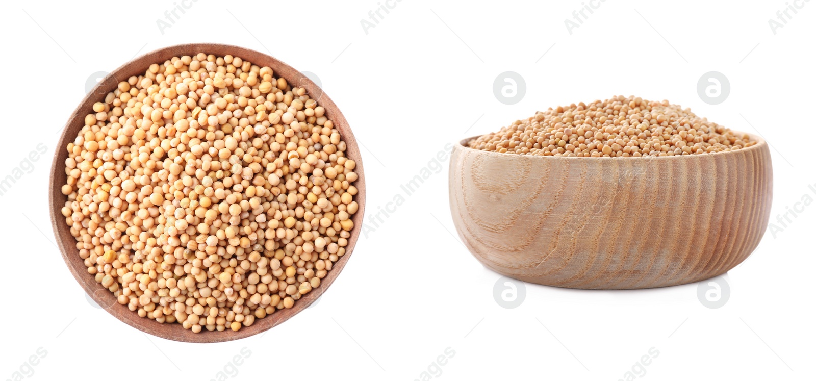 Image of Mustard seeds in wooden bowls on white background. Banner design 