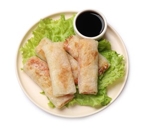 Photo of Delicious fried spring rolls with sauce isolated on white, top view