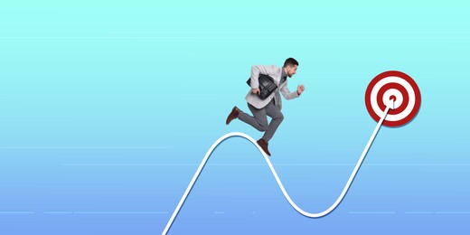 Image of Target achievement. Businessman running on curvy arrow, leading him to dartboard on gradient color background. Banner design with space for text