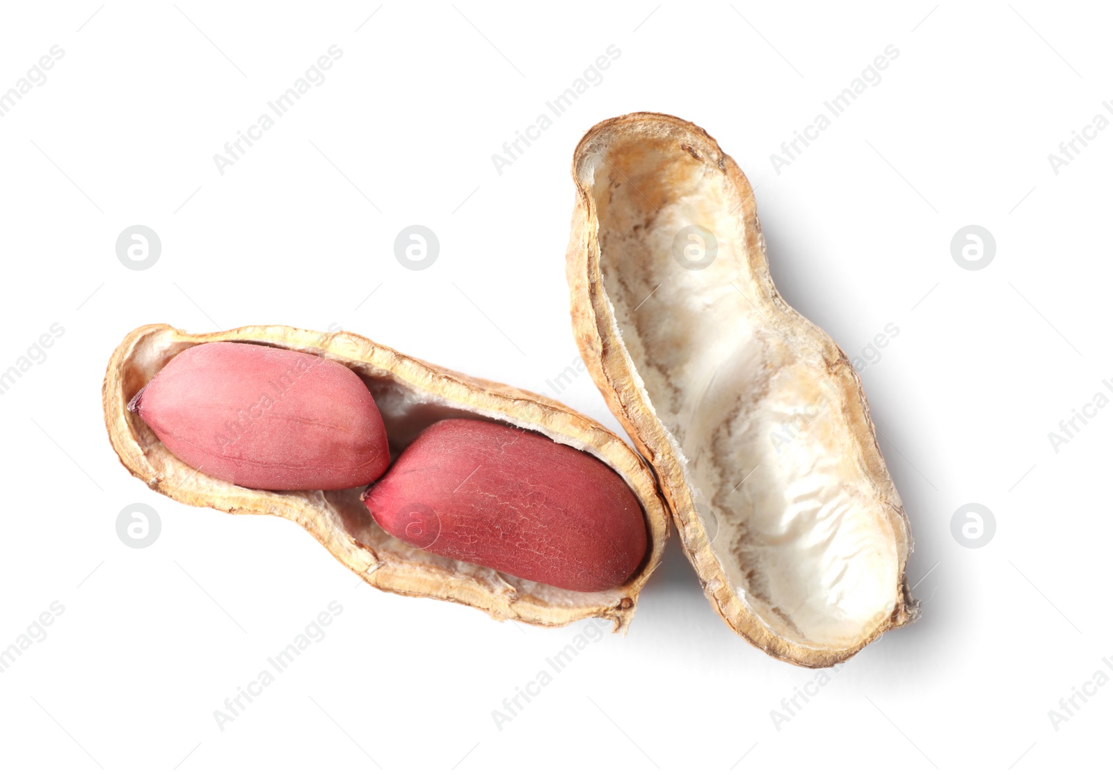 Photo of Raw peanuts in pod on white background, top view