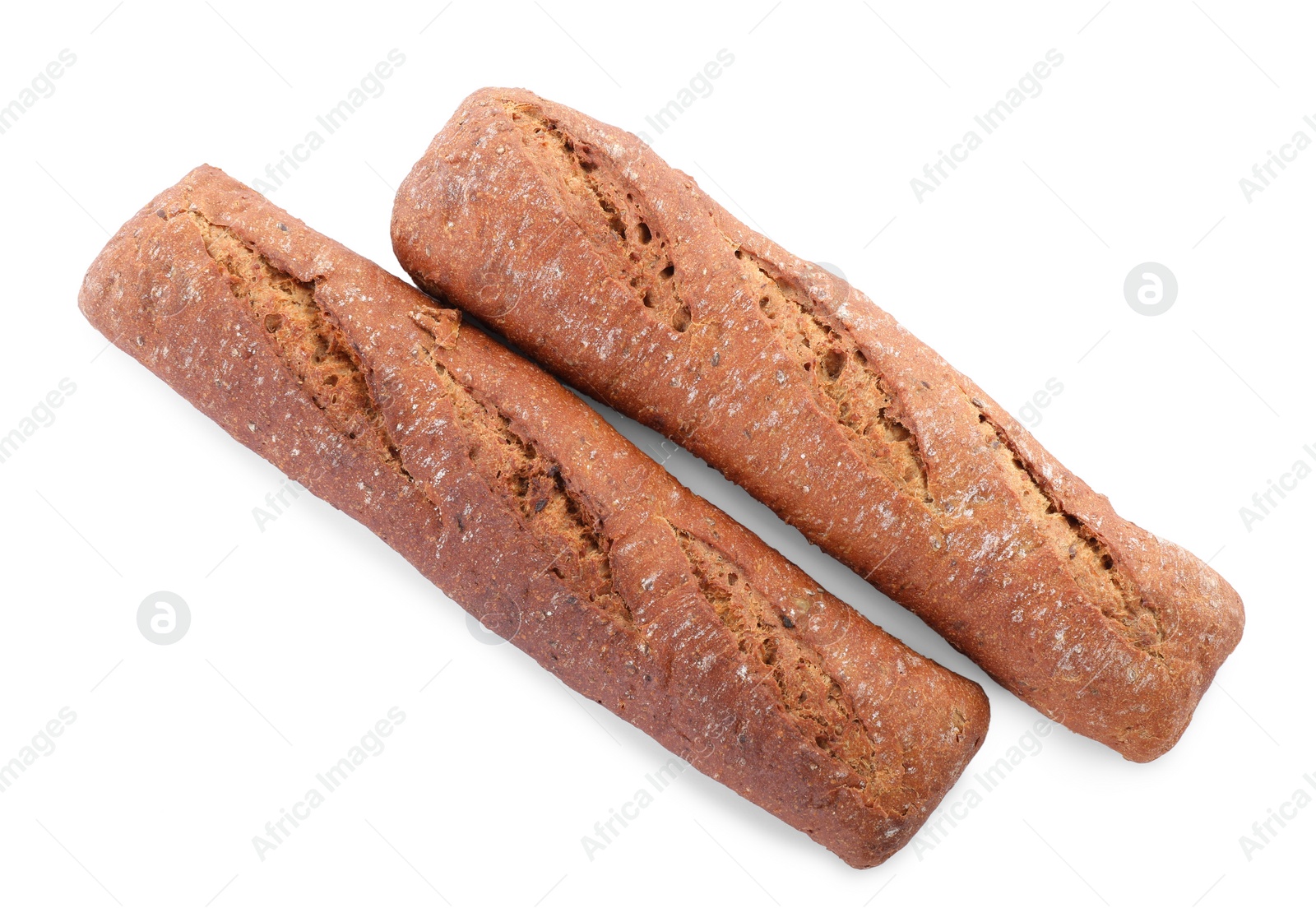 Photo of Tasty rye baguettes on white background, top view. Fresh bread