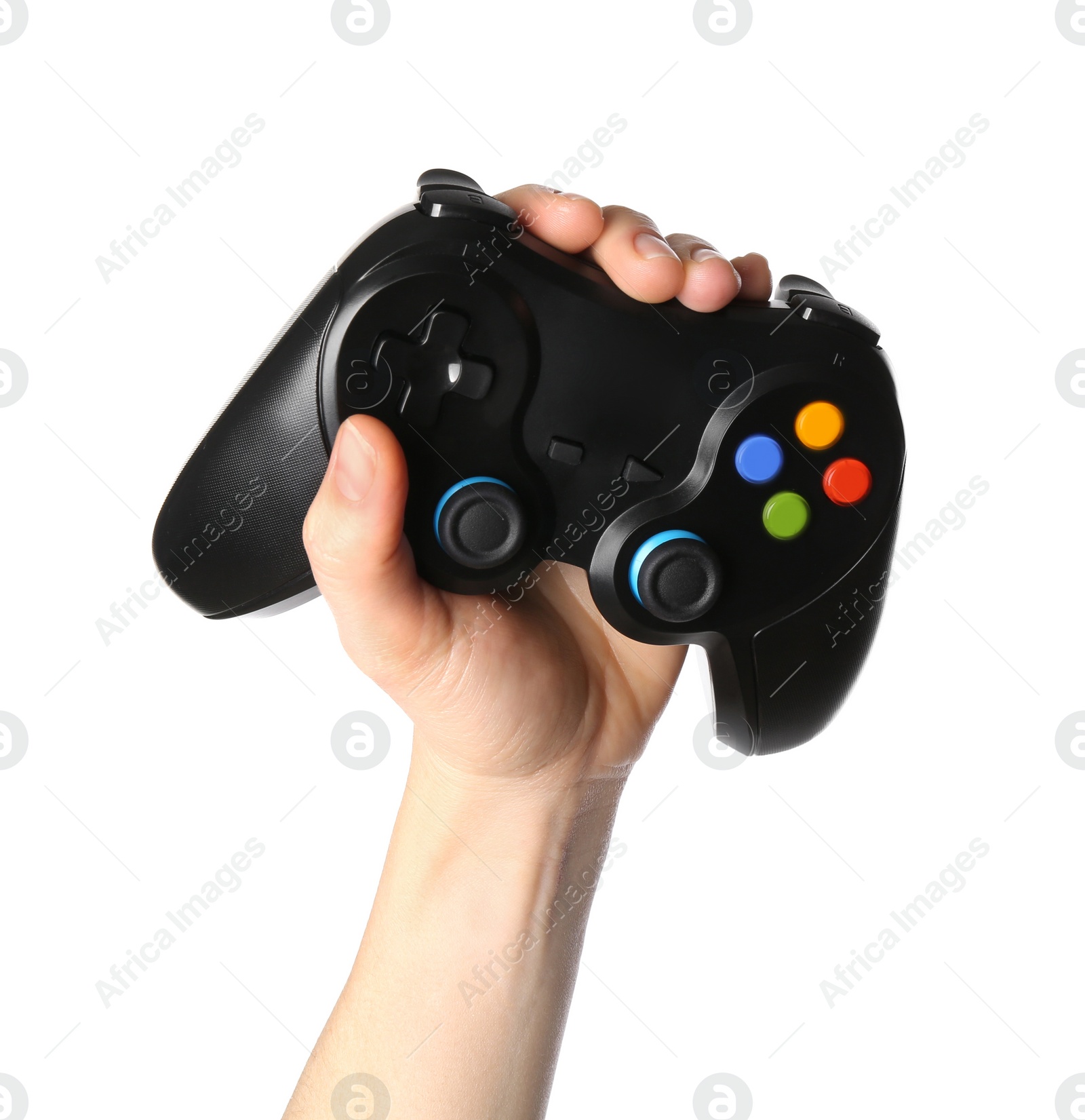 Photo of Woman holding game controller on white background, closeup