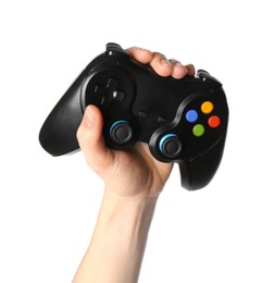 Photo of Woman holding game controller on white background, closeup