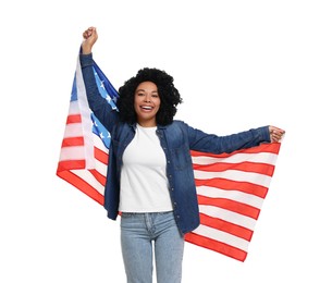 4th of July - Independence Day of USA. Happy woman with American flag on white background