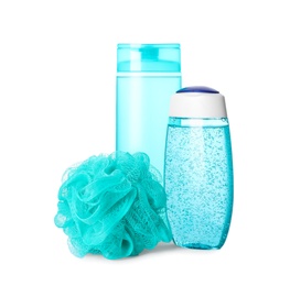 Photo of Personal hygiene products and shower puff on white background