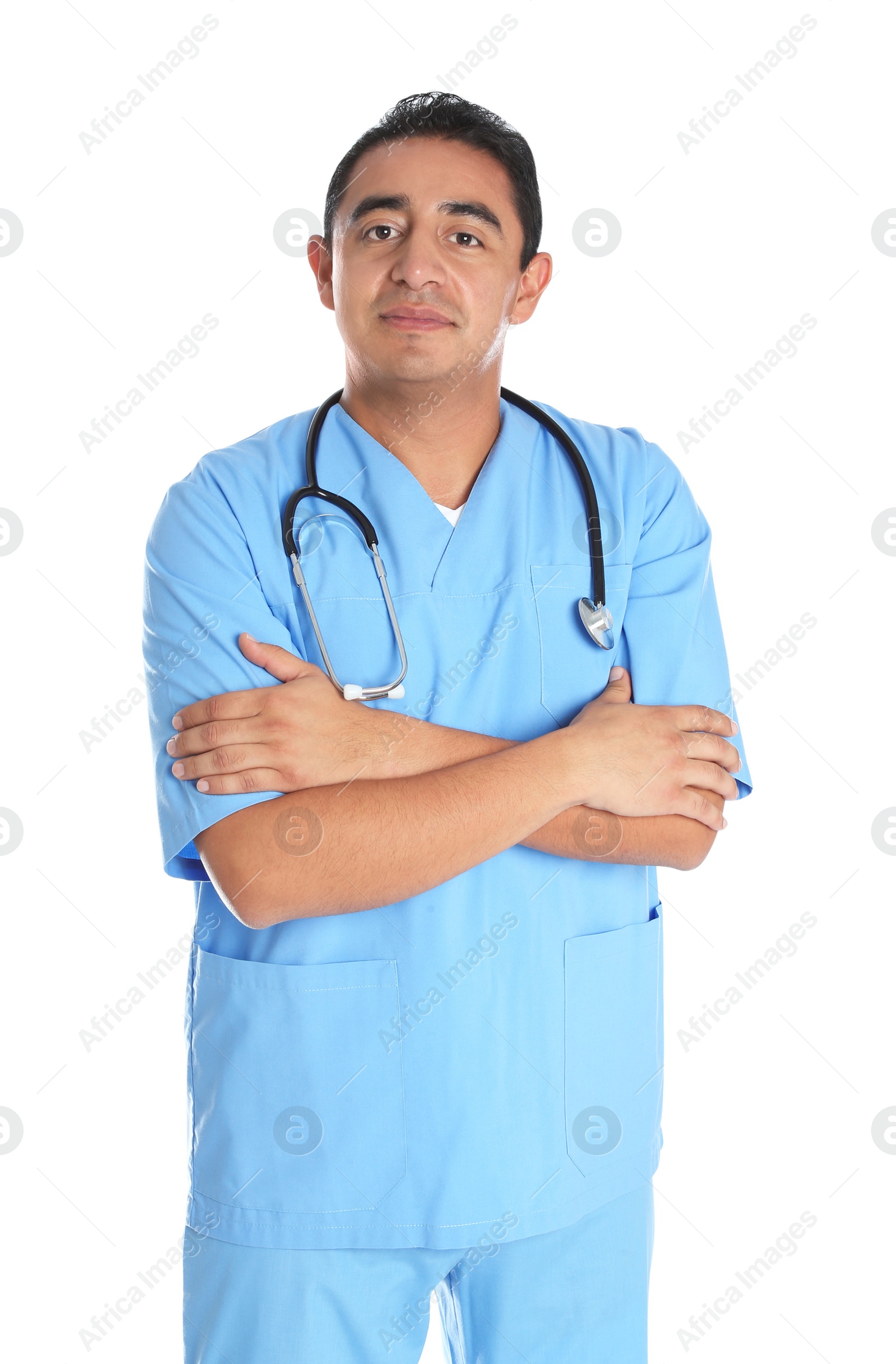 Photo of Portrait of male Hispanic doctor isolated on white. Medical staff