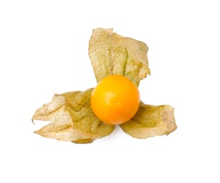 Photo of Ripe physalis fruit with calyx isolated on white, top view