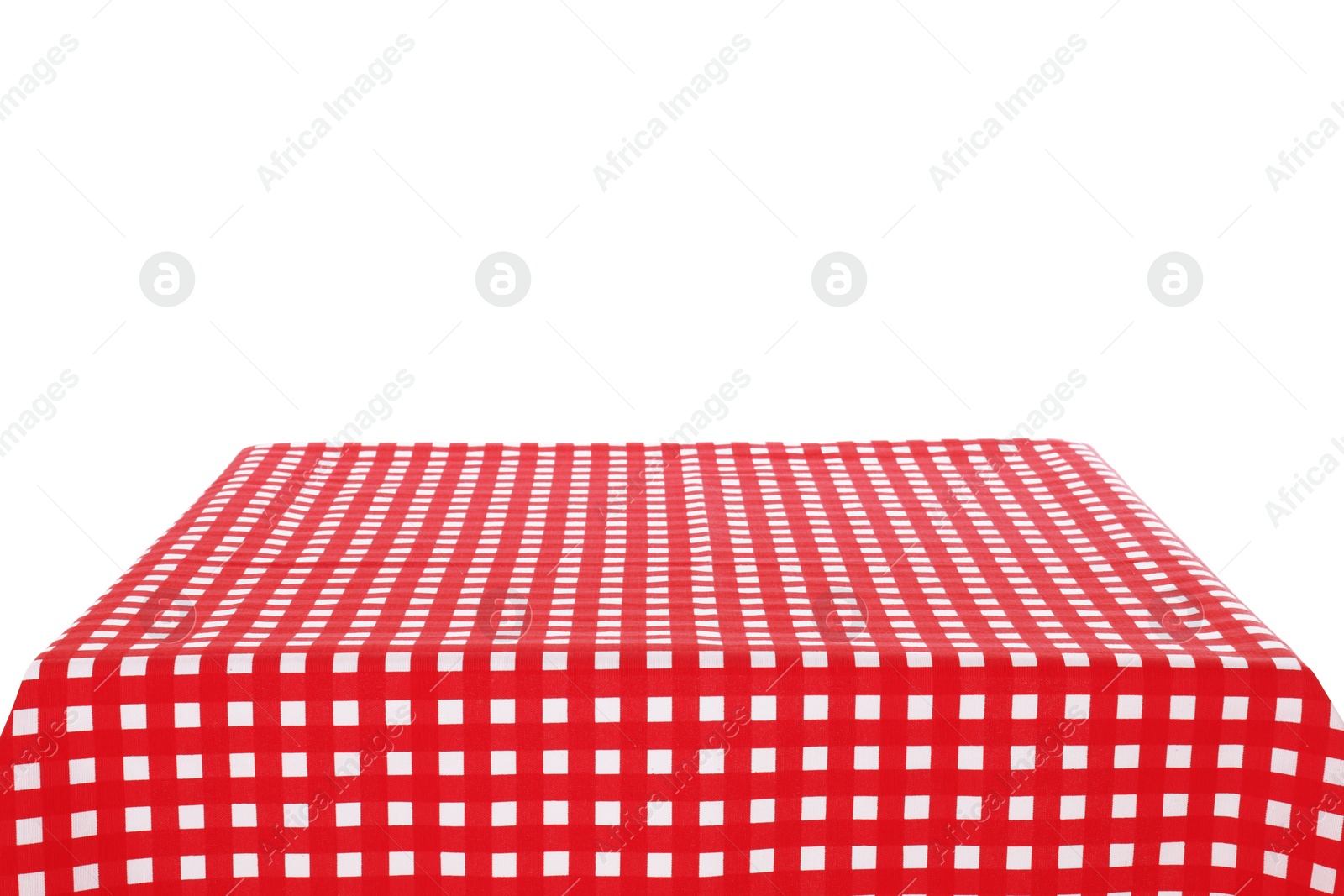 Photo of Table with red checkered tablecloth isolated on white