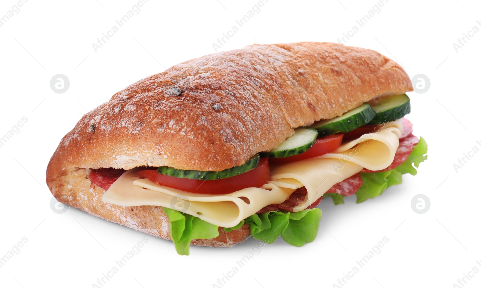 Photo of Delicious sandwich with fresh vegetables, cheese and salami isolated on white