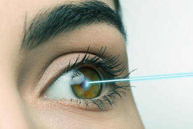 Closeup view of woman and laser ray illustration. Vision correction surgery