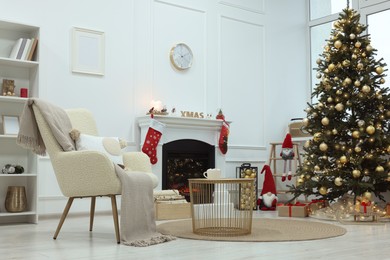 Photo of Living room interior with beautiful Christmas tree and festive decor