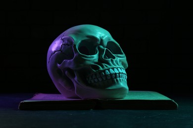 Photo of Human skull on book in colorful neon lights against black background