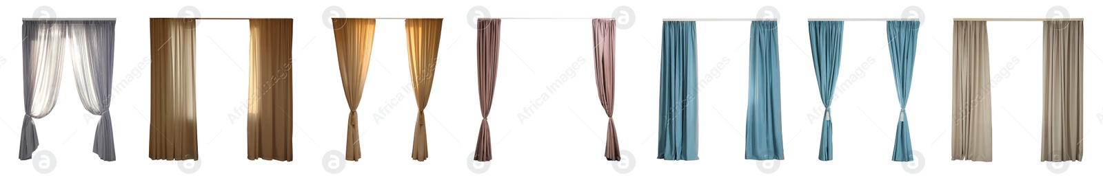 Image of Set with different elegant curtains on white background. Banner design 