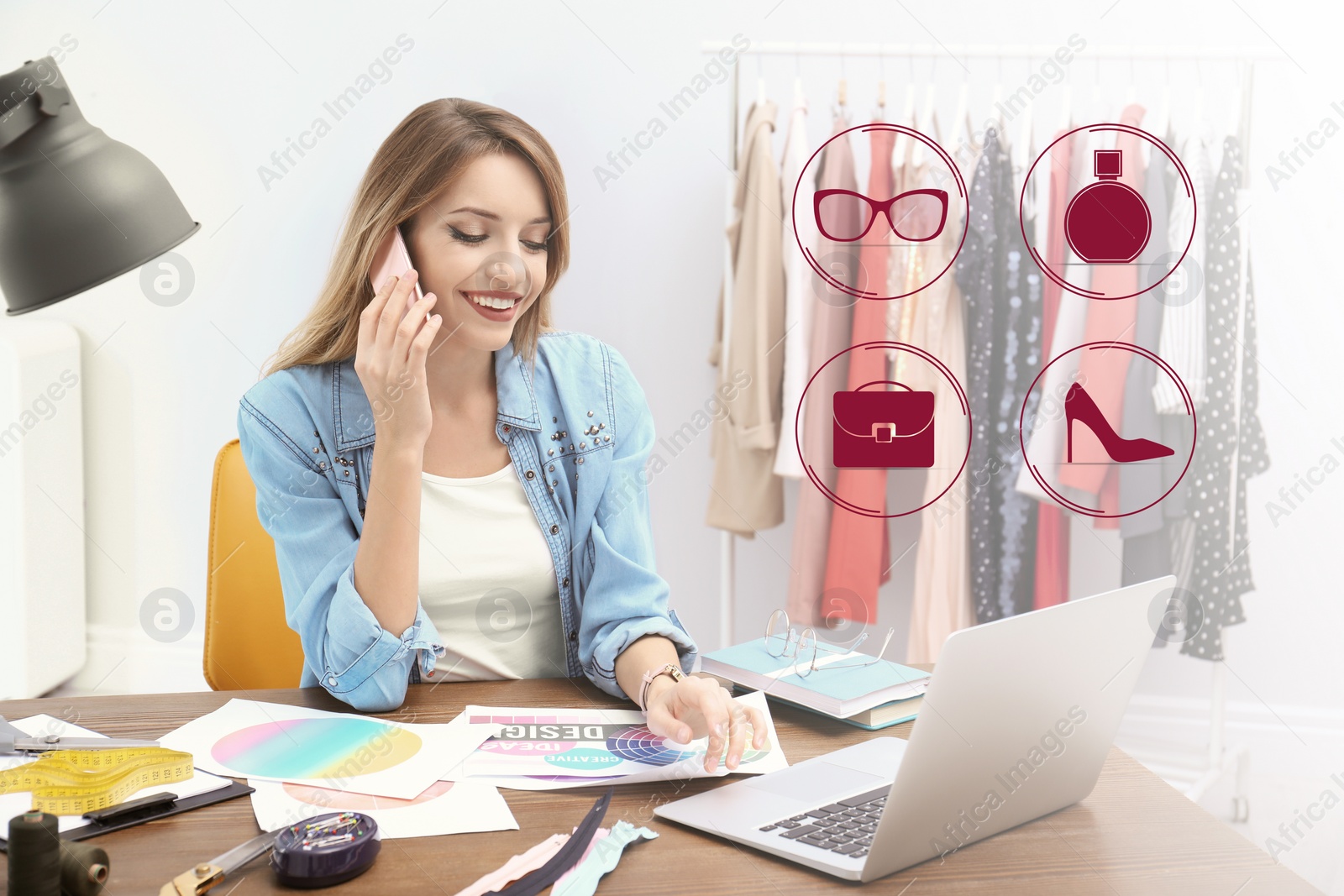 Image of Fashion buyer talking on phone with client in boutique, icons in foreground