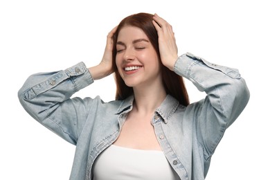 Portrait of smiling woman on white background