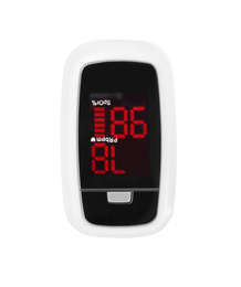 Photo of Modern fingertip pulse oximeter isolated on white, top view