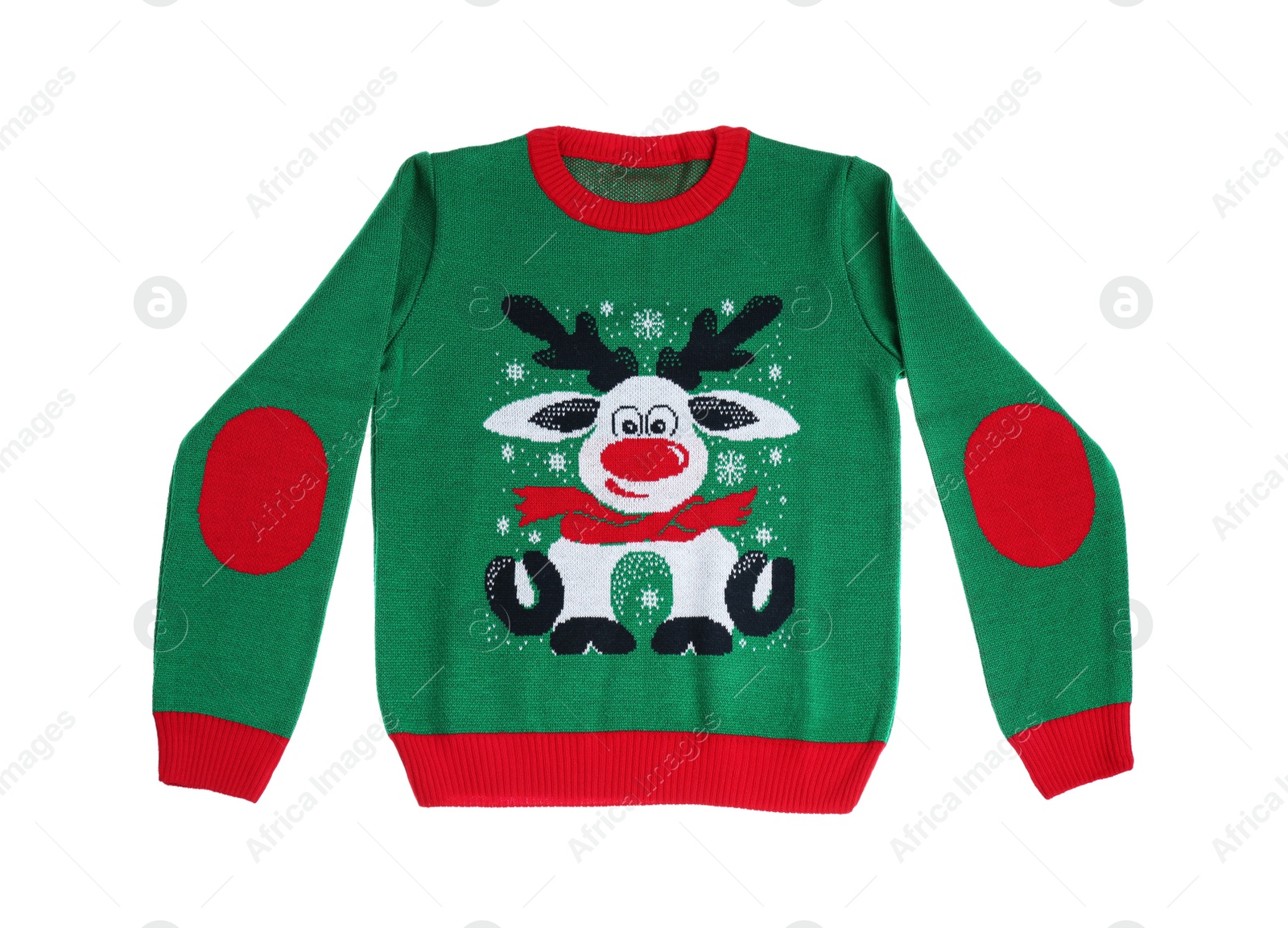 Photo of Warm Christmas sweater with deer isolated on white, top view