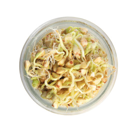 Photo of Jar of sprouted green buckwheat isolated on white, top view