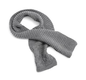 Photo of One grey knitted scarf on white background