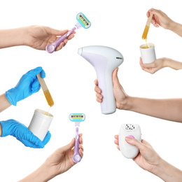 Collage of women holding different equipment for epilation on white background, closeup