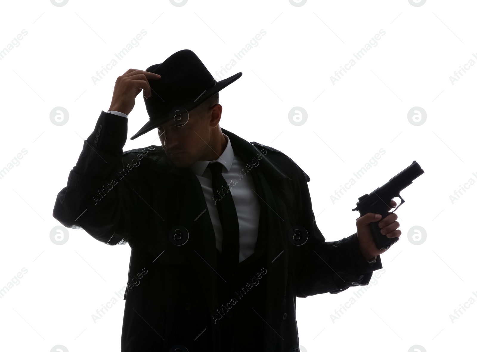 Photo of Old fashioned detective with gun on white background