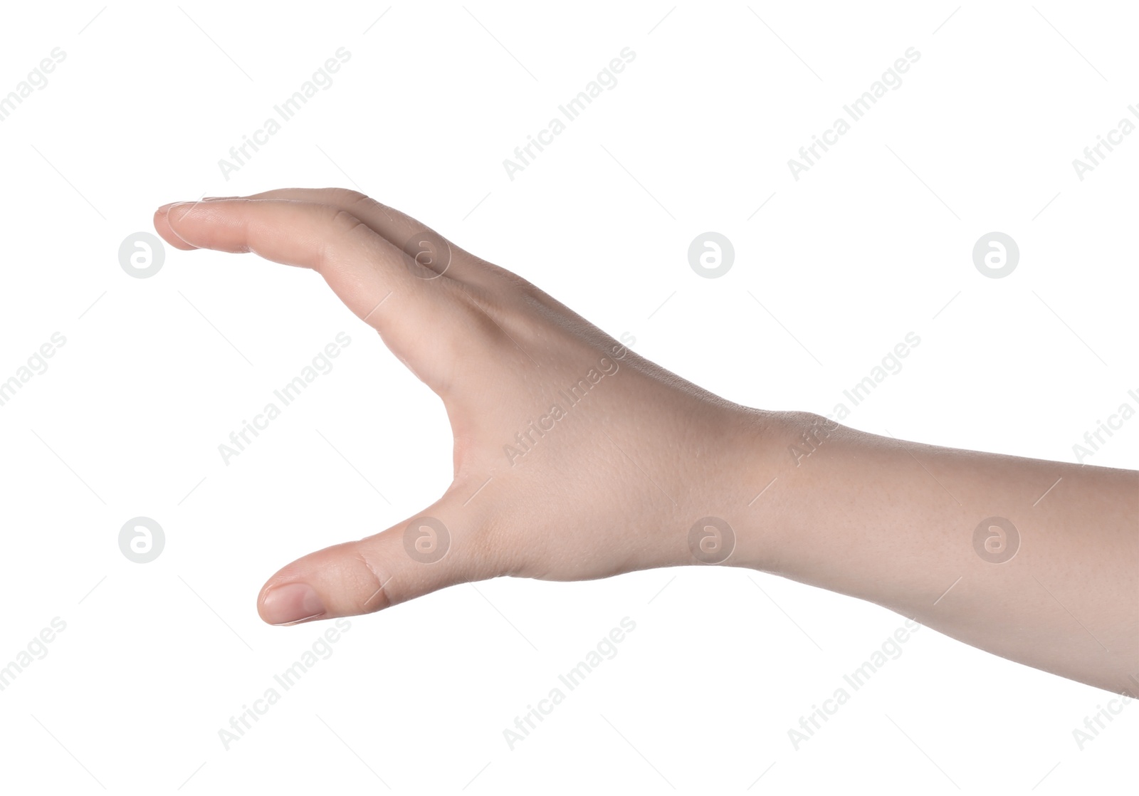 Photo of Woman holding something against white background, closeup