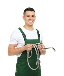 Photo of Young plumber with faucet on white background