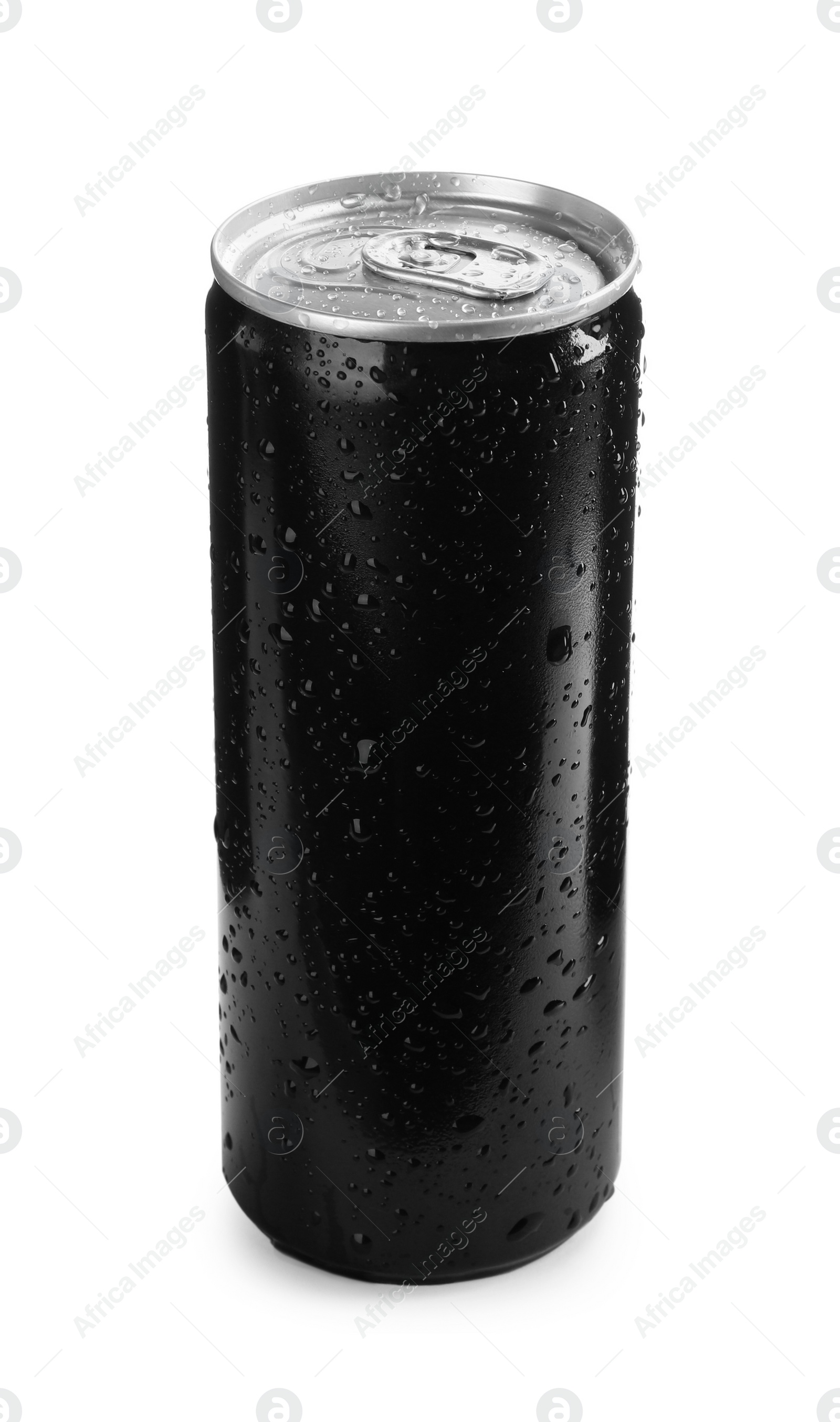 Photo of Black can of energy drink with water drops isolated on white. Mockup for design