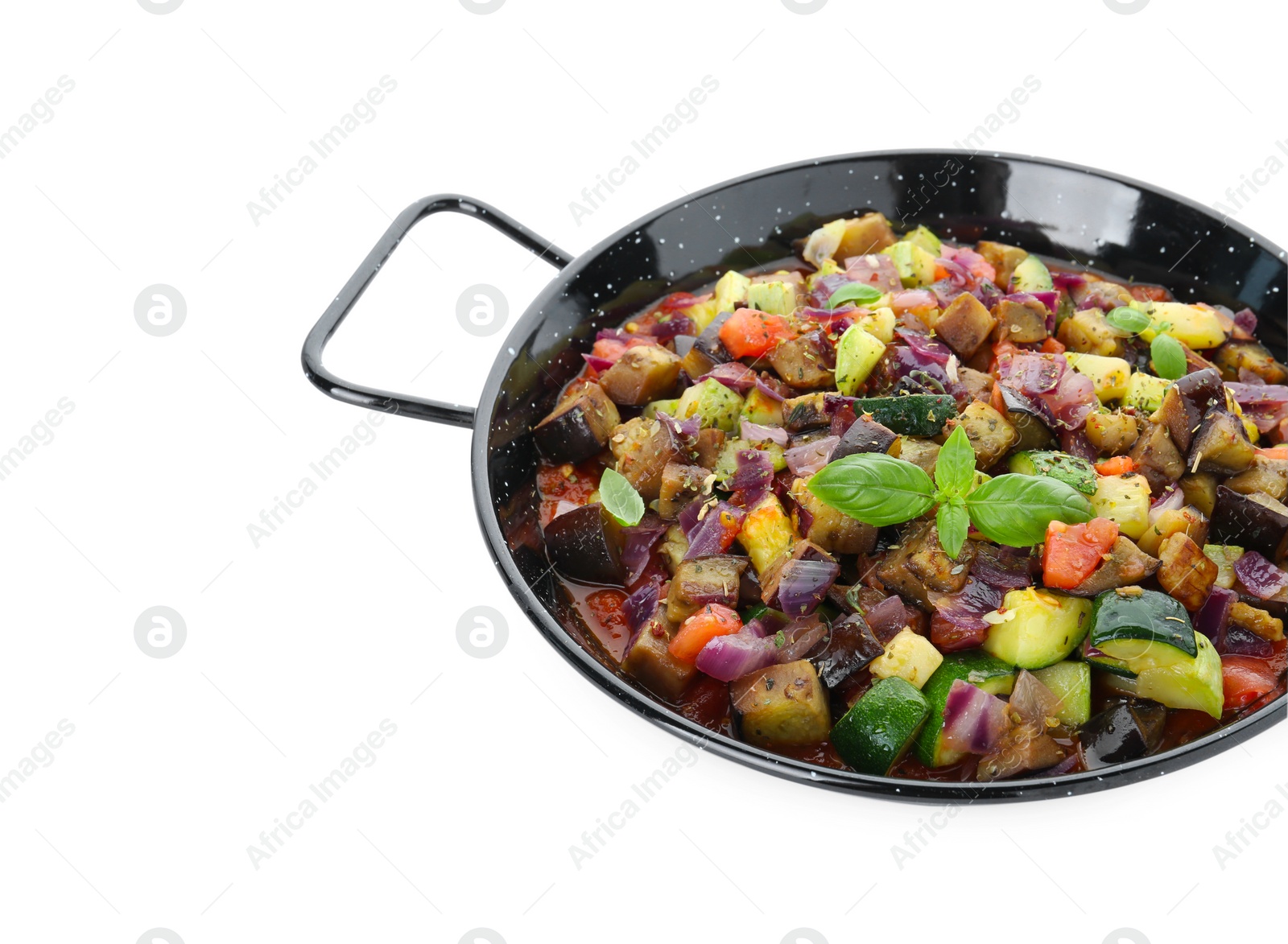 Photo of Delicious ratatouille in baking dish isolated on white