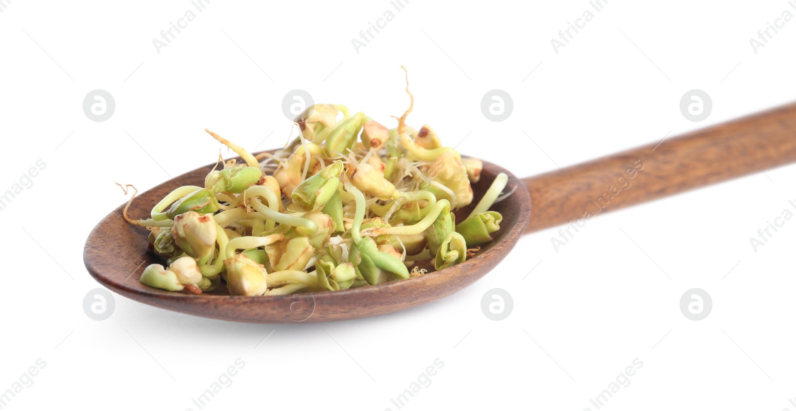 Photo of Wooden spoon of sprouted green buckwheat isolated on white