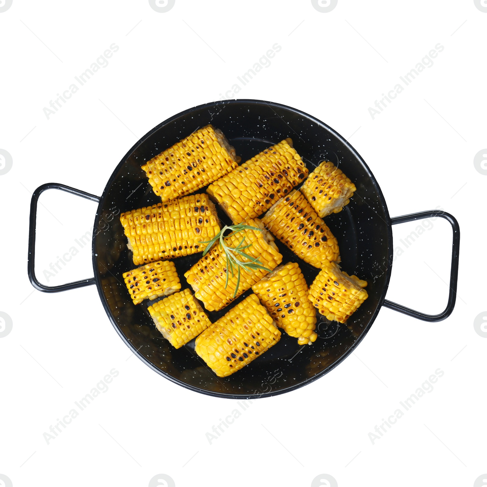 Photo of Tasty grilled corn on white background, top view