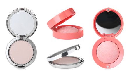 Image of Containers with face powder and blusher on white background, banner design. Cosmetic products