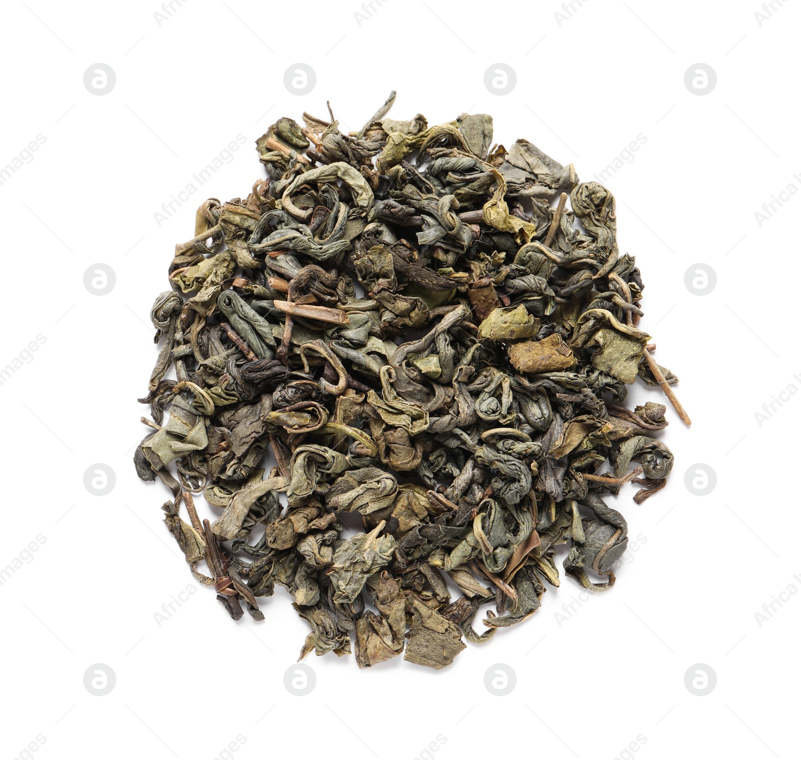 Photo of Pile of herbal tea isolated on white, top view