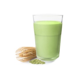 Photo of Glass of tasty matcha smoothie, powder and bamboo whisk isolated on white