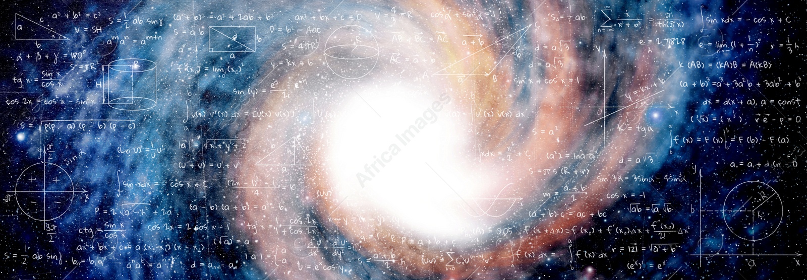 Illustration of  basic physics and mathematics formulas and galaxy in universe. Banner design