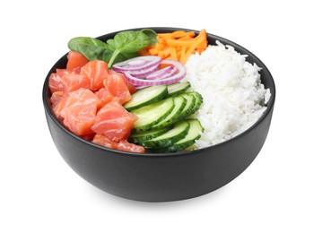 Photo of Delicious poke bowl with salmon and vegetables isolated on white